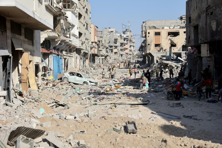 Destroyed buildings and rubble in Gaza City's Shujaiya district after the Israeli military withdrew