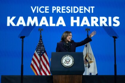 US Vice President Kamala Harris delivers the keynote speech at the American Federation of Teachers' national convention in Houston, Texas