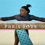 Four-time Olympic gold medallist Simone Biles trains at Bercy Arena