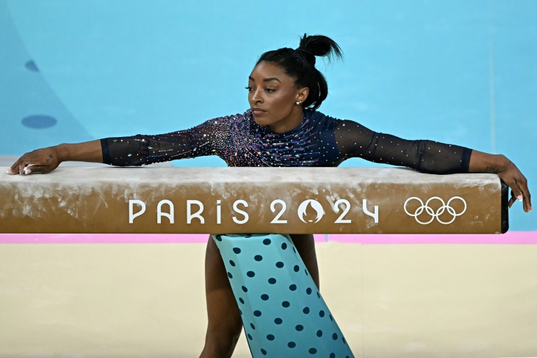 Four-time Olympic gold medallist Simone Biles trains at Bercy Arena
