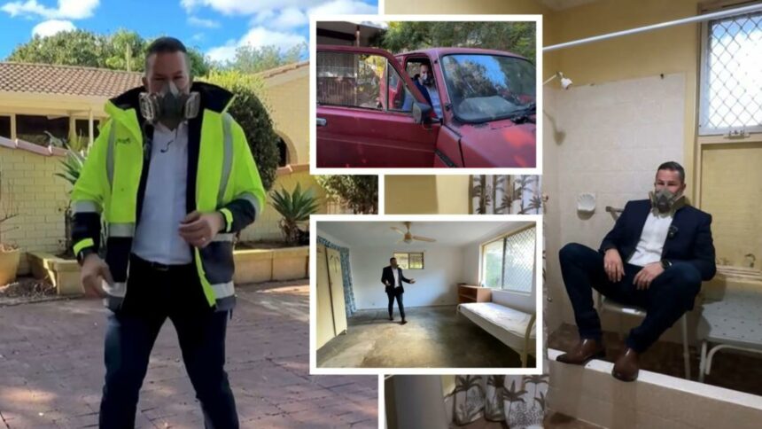 Perth real estate agent wears gas mask to walk through extremely run-down Armadale home