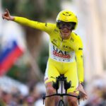 Slovenian rider Tadej Pogacar winning the 2024 Tour de France, also winning stage 21 at Nice