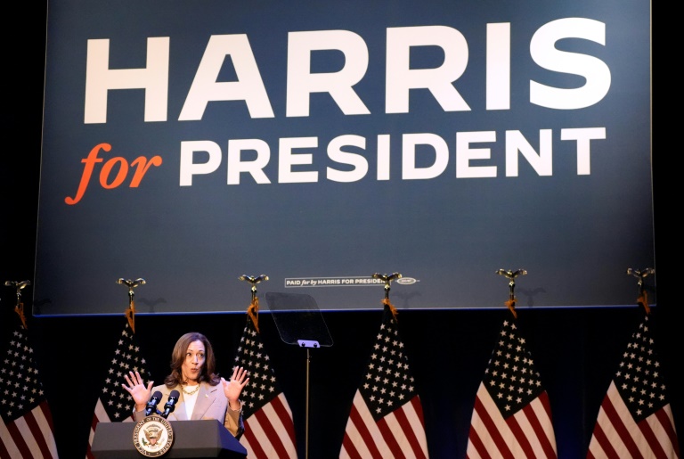 US Vice President and Democratic presidential candidate Kamala Harris speaks at a fundraising event in Pittsfield, Massachusetts, on July 27, 2024