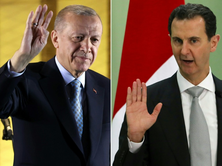 This combination of file pictures created on July 7, 2024 shows Turkey's President Recep Tayyip Erdogan (L) in May 2023 and Syria's President Bashar al-Assad in July 2023. Erdogan has said he might invite Assad for a meeting to ease strained ties