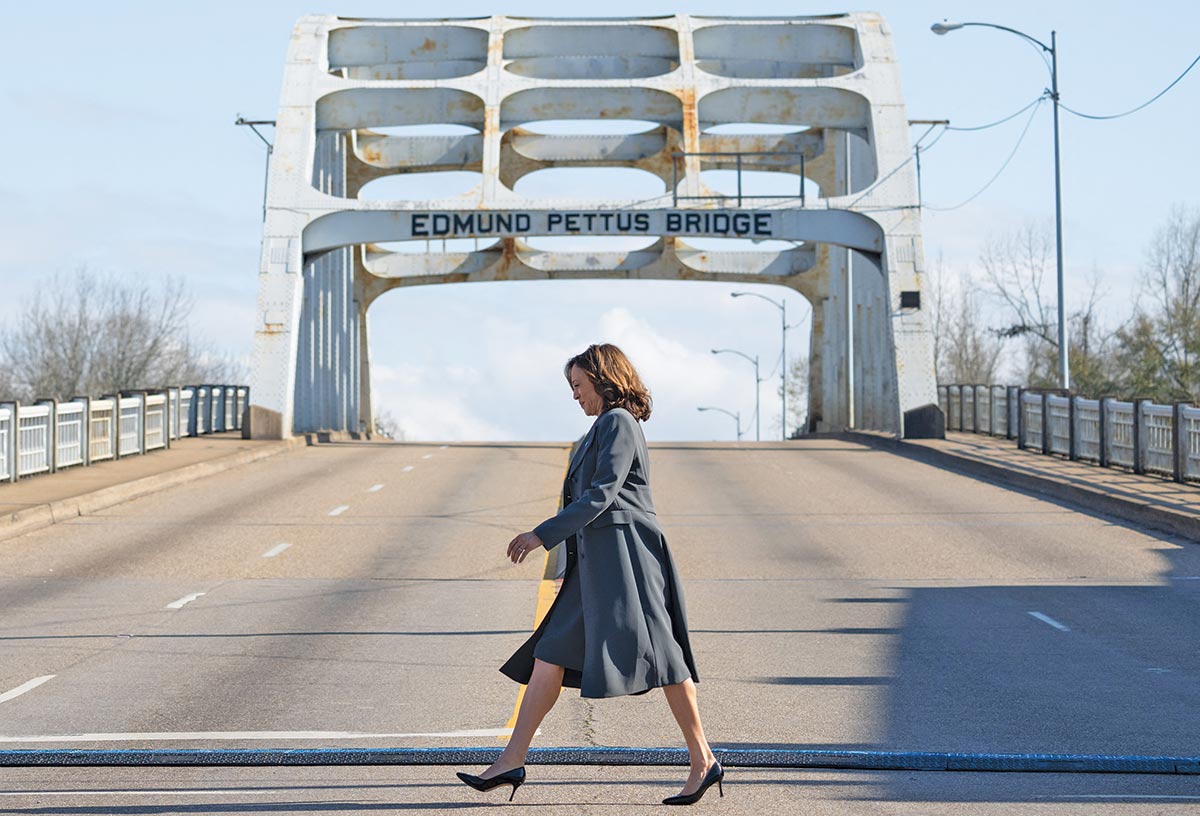 Harris, seen here at the Edmund Pettus Bridge in Selma, has led the Biden campaign’s outreach to Black voters.