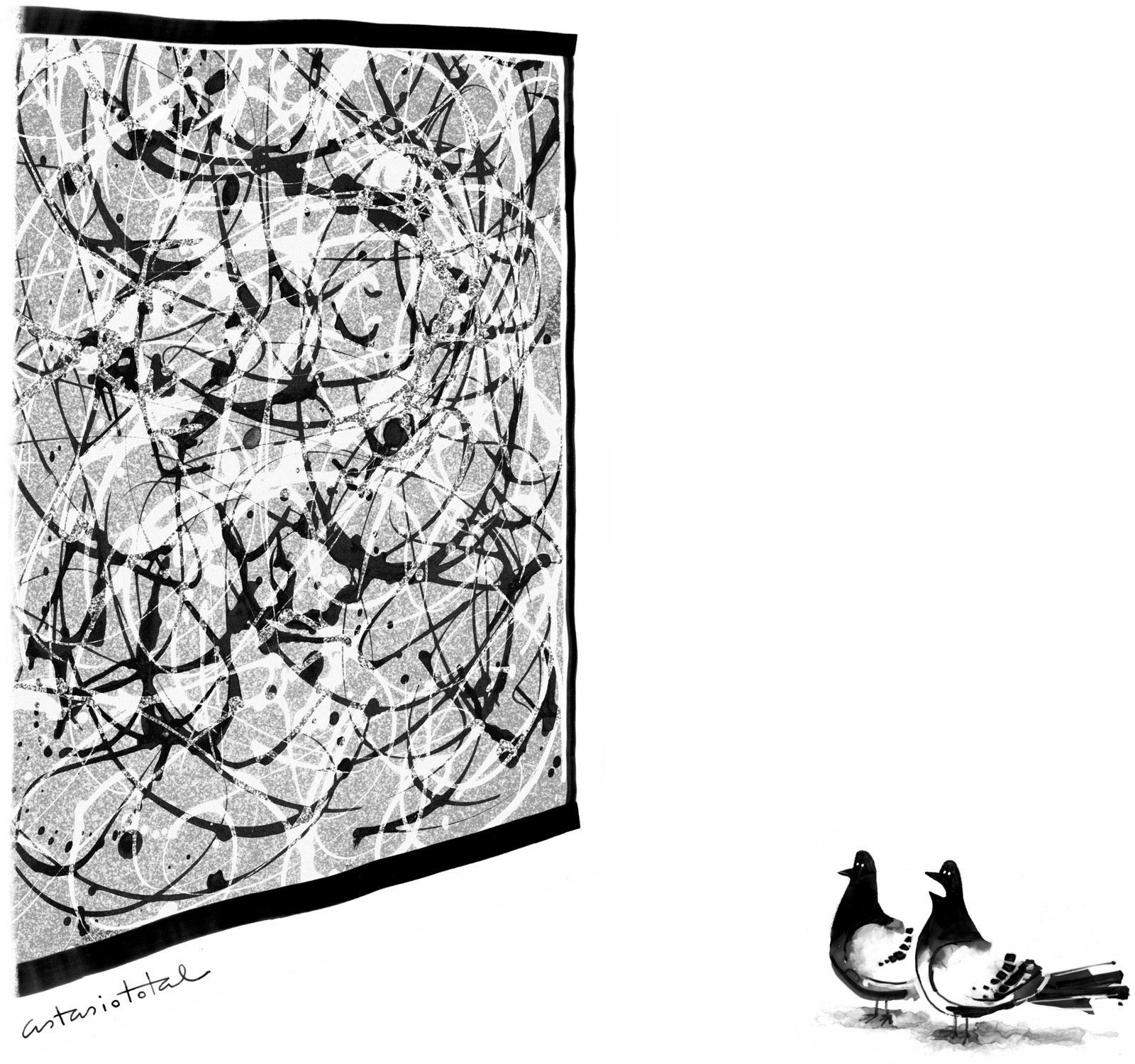 Two pigeons looking at a Pollock painting.