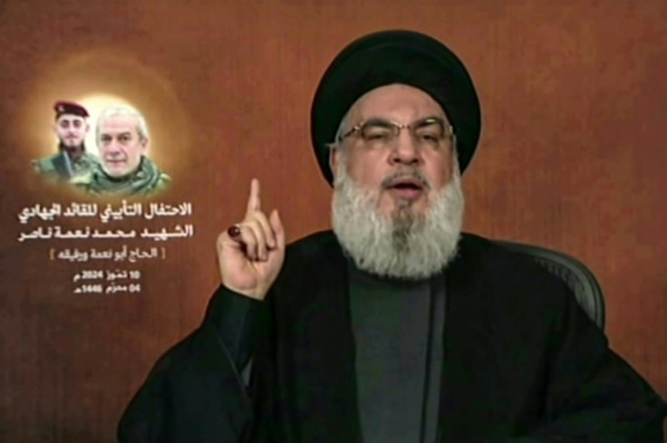 Hezbollah chief Hassan Nasrallah, shown giving a televised address on July 10, 2024, says his movement could count on a number of fighters that 'greatly exceeded' 100,000