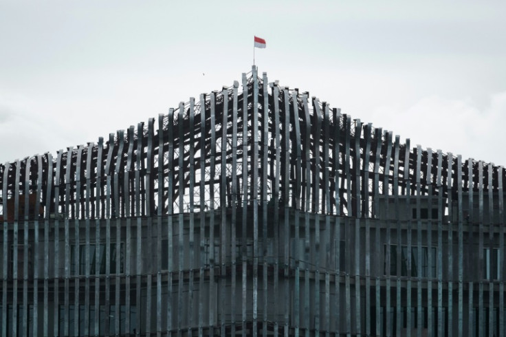 The Indonesian flag flutters atop the Presidential Palace complex in the future capital city of Nusantara