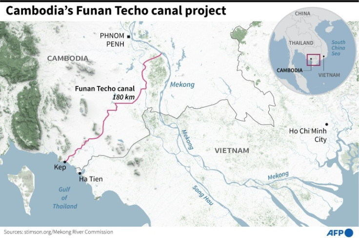 Map showing the projected route of the Funan Techo canal in southern Cambodia, an ambitious infrastructure project the government says will offer vast economic benefits. The waterway will run 180 km from the Mekong to the Gulf of Thailand.