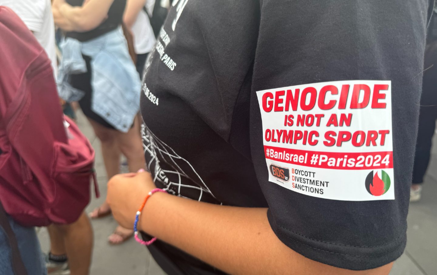 A protester at the Counter-Opening of the Olympics event in Paris on July 25, 2024.