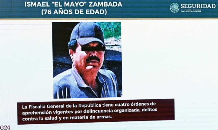 A picture of Sinaloa Cartel co-founder Ismael "El Mayo" Zambada Garcia on screen during Mexican President Andres Manuel Lopez Obrador's press conference