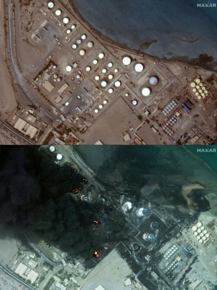 This combination of handout satellite images released by Maxar Technologies shows (top) a view of oil tanks in the port of Yemen's Huthi-held city of Hodeida on July 2, 2024, and a view of burning oil tanks in the same port on July 21, 2024