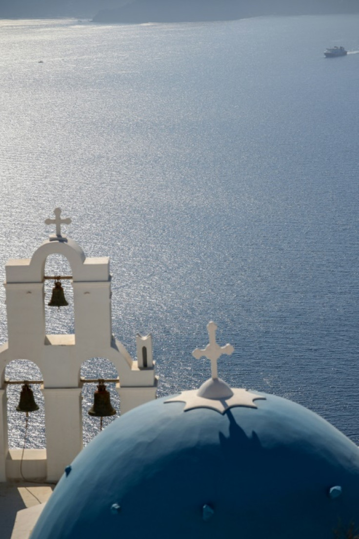 The Three Bells of Fira, the Catholic Church of the Dormition, in the village of Fira
