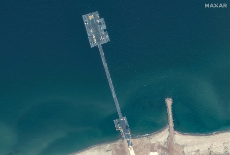 The US-built Gaza aid pier seen in a satellite image courtesy of Maxar Technologies from May 18, 2024