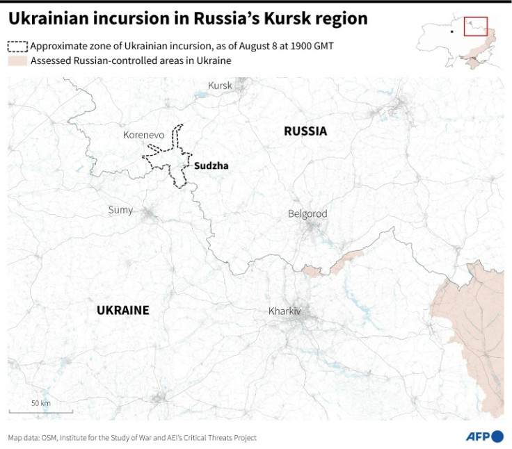 Map showing the border region between Russia and Ukraine where Ukrainian troops launched an attack on August 6 into Russian territory