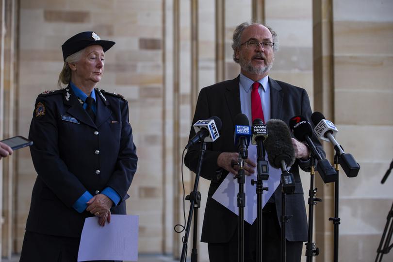 Pictures of Corrective Services Minister Bill Johnston and Department of Justice Deputy Commissioner Christine Ginbey will hold a press conference about last night’s riot at Banksia Hill., outside Parliament House in Perth.
