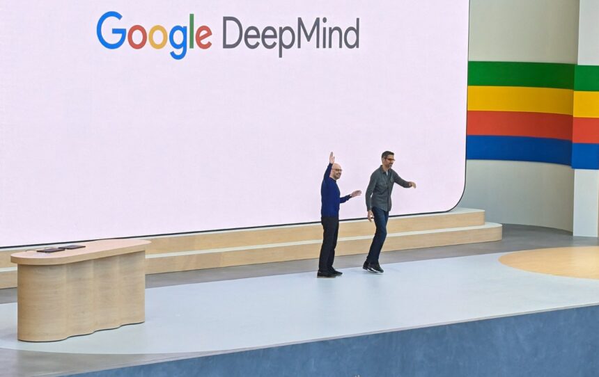 Google DeepMind chief Demis Hassabis (L) and Google chief executive Sundar Pichai open the tech titan