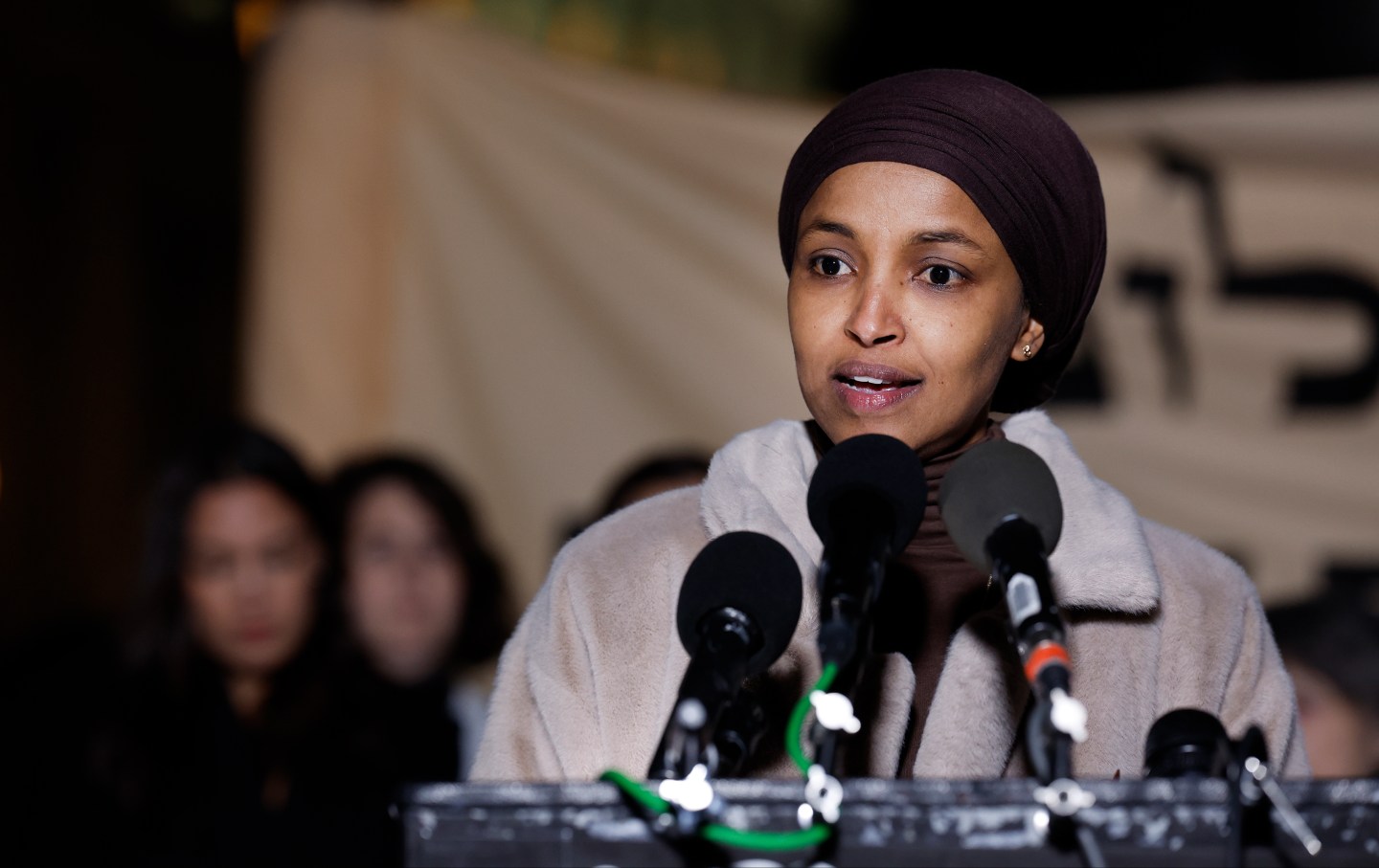 Ilhan Omar peaks during a news conference calling for a ceasefire in Gaza outside the US Capitol on November 13, 2023.