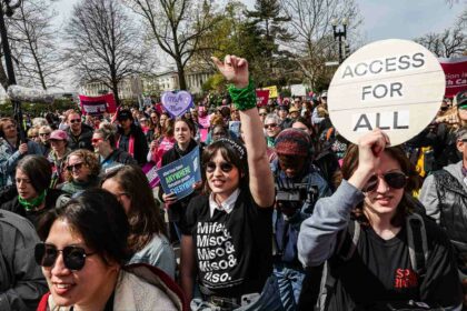 Reproductive justice demonstrators outside the US Supreme Court on Tuesday, March 26, 2024.