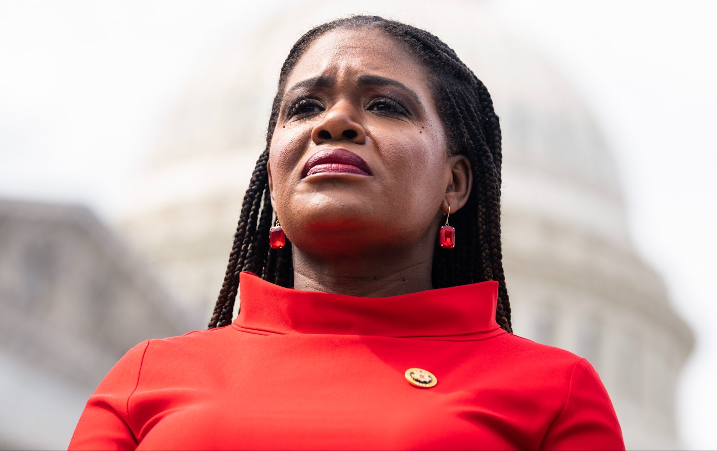 Cori Bush attends a news conference outside the US Capitol on May 8, 2024.