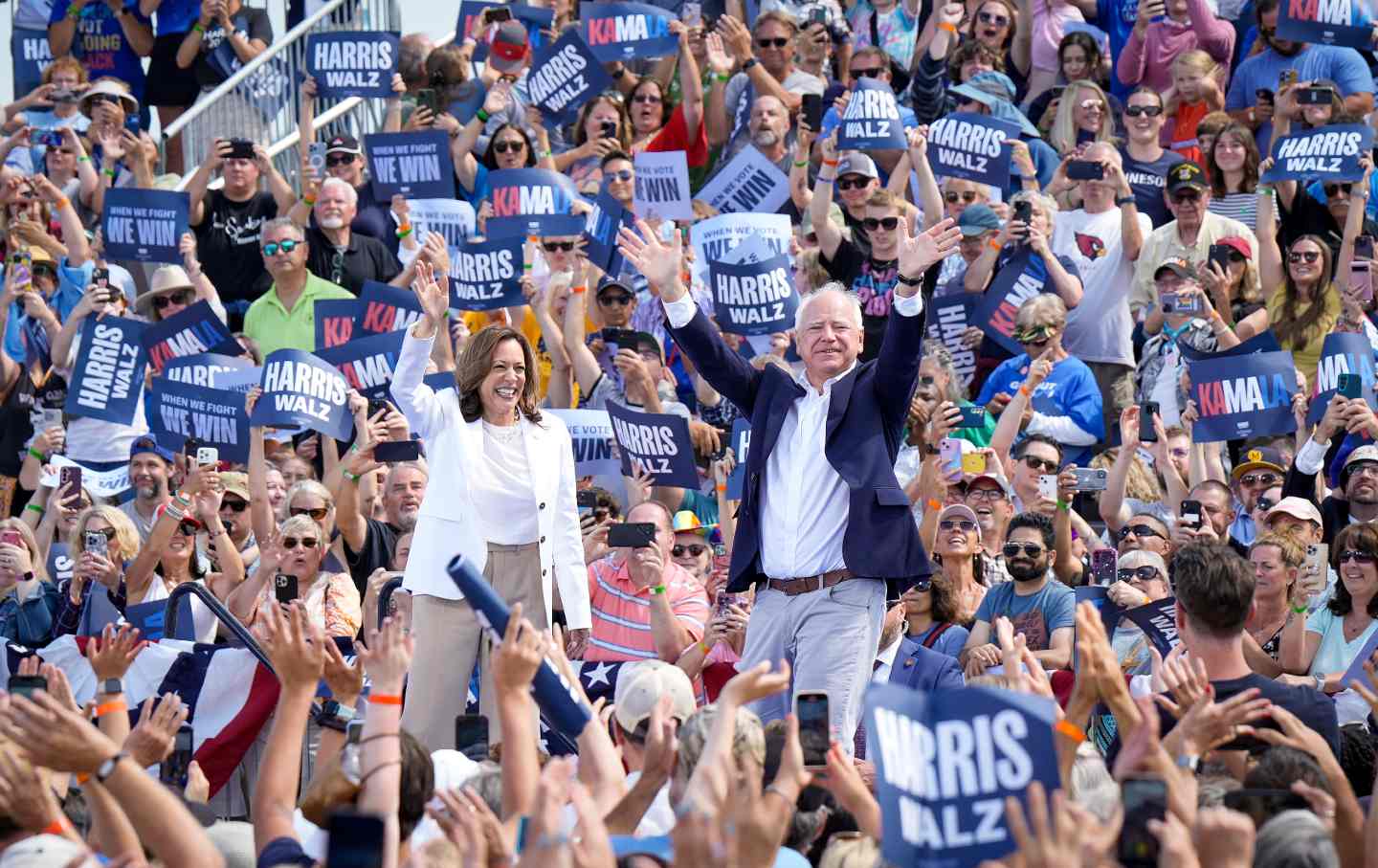 Kamala Harris and Tim Walz at a rally in Eau Claire, WI, on August 7, 2024.