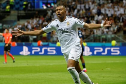 Kylian Mbappe scored Madrid's second goal on his debut for the club in their win over Atalanta