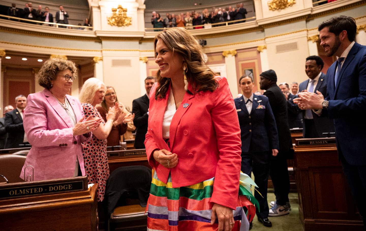 Minnesota Lieutenant Governor Peggy Flanagan, of the Democratic-Farmer-Labor Party, is welcomed into the house chambers for the State of the State address on April 19, 2023, at the Minnesota State Capitol in St. Paul.