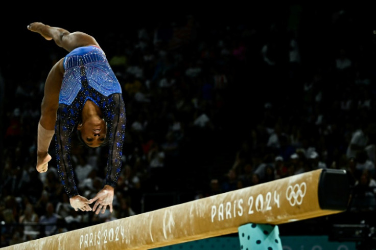 Simone Biles competes in balance beam on the way to women's gymnastics all-around gold at the Paris Olympics