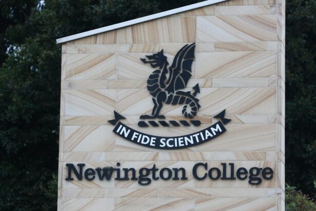 Newington College campus with coeducation announcement banner