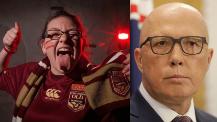 Pip Evans cheering for Queensland at the State of Origin