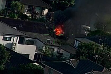 NSW Police chopper tracks burning Porsche in Chester Hill