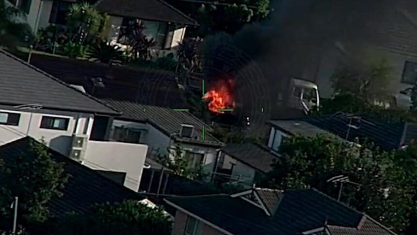 NSW Police chopper tracks burning Porsche in Chester Hill