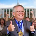 “Protest sign: ‘No Honour for Morrison’ against a government building”