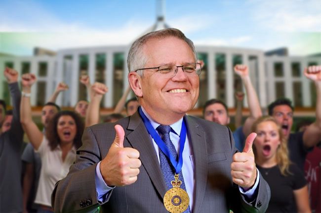 “Protest sign: ‘No Honour for Morrison’ against a government building”