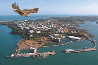 Aerial view of the Port of Darwin with container ships and infrastructure