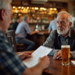 Mick reading a ballad to Bazza over schooners at the pub at sunset