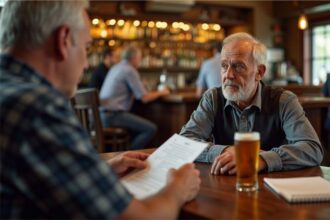 Mick reading a ballad to Bazza over schooners at the pub at sunset