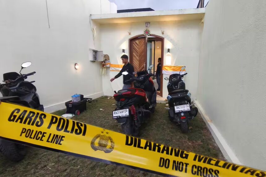 Police at Bali villa crime scene with scooters outside