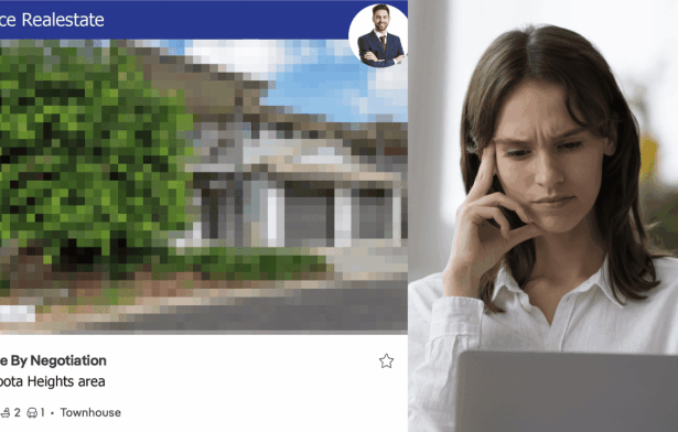 Property listing screen with blurred-out photo