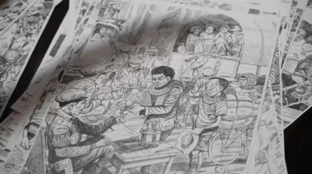 Drawing by Bun Heang illustrating life after Khmer Rouge rule