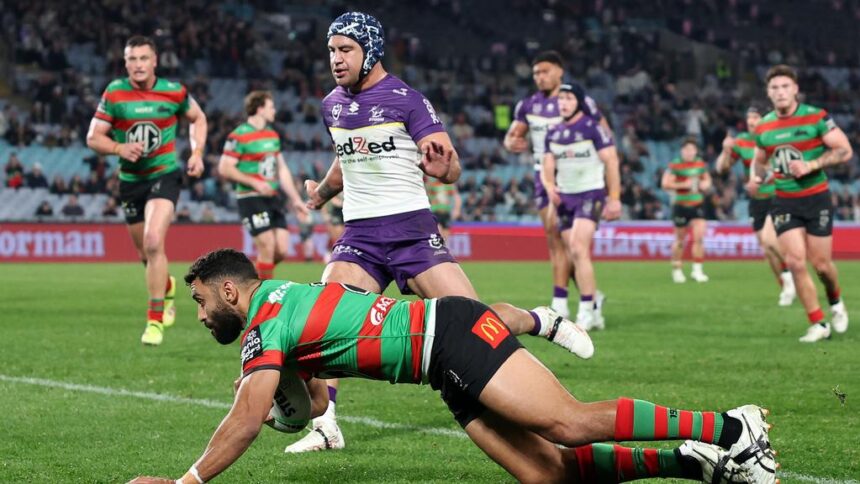 South Sydney winger Johnston breaks toward Ken Irvine's record