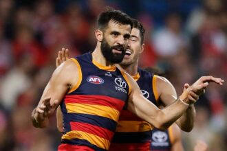Adelaide Crows players celebrate after dominant 90-point win over Sydney Swans at SCG
