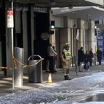 Flooded Downing Centre entrance in Sydney