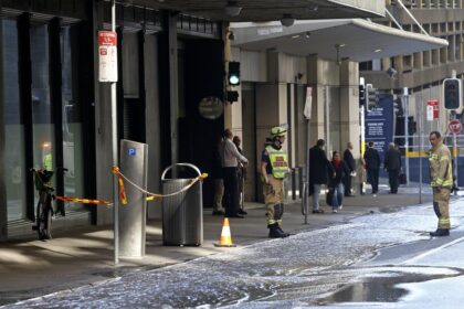 Flooded Downing Centre entrance in Sydney