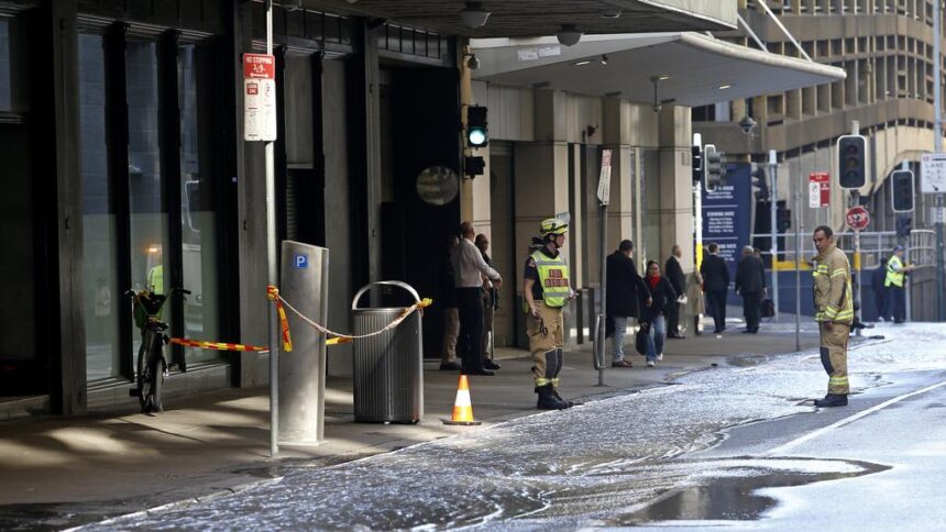 Flooded Downing Centre entrance in Sydney