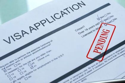 Overwhelmed tribunal worker surrounded by visa application files