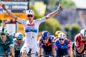 Belgian Tim Merlier celebrates as he crosses the finish line to win stage nine of the 2025 Tour de France cycling, from Chinon to Chateauroux. Source: AAP / Jasper Jacobs / Belga / Sipa USA