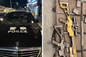 A 21-year-old man has been charged after officers allegedly found firearms, ammunition, and a vehicle outfitted with “Chinese Police” insignia during patrols in Strathfield on Friday afternoon.