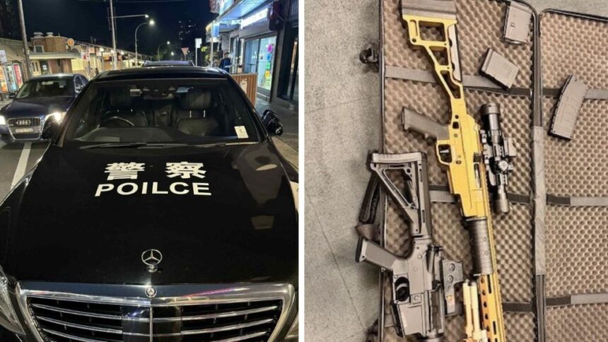A 21-year-old man has been charged after officers allegedly found firearms, ammunition, and a vehicle outfitted with “Chinese Police” insignia during patrols in Strathfield on Friday afternoon.