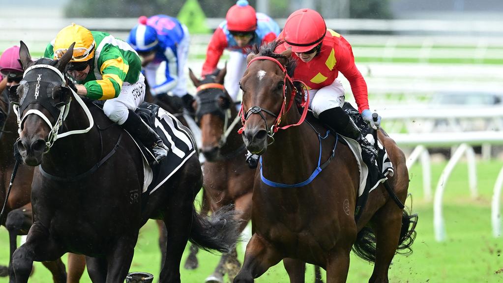 Winona Costin steering Philipsburg (right) to victory in a race at Doomben in April. Picture: Trackside Photography